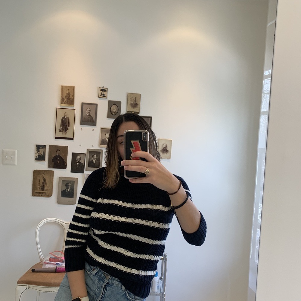 Navy blue and white striped Zara sweater
